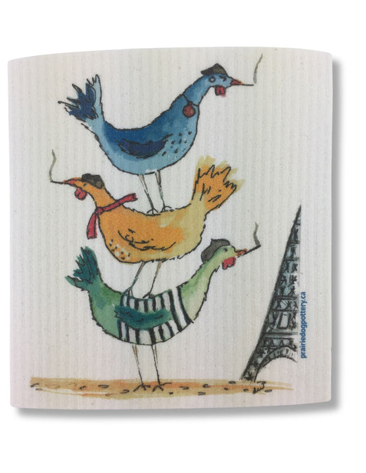 3 French hens watercolor on Swedish dish cloth