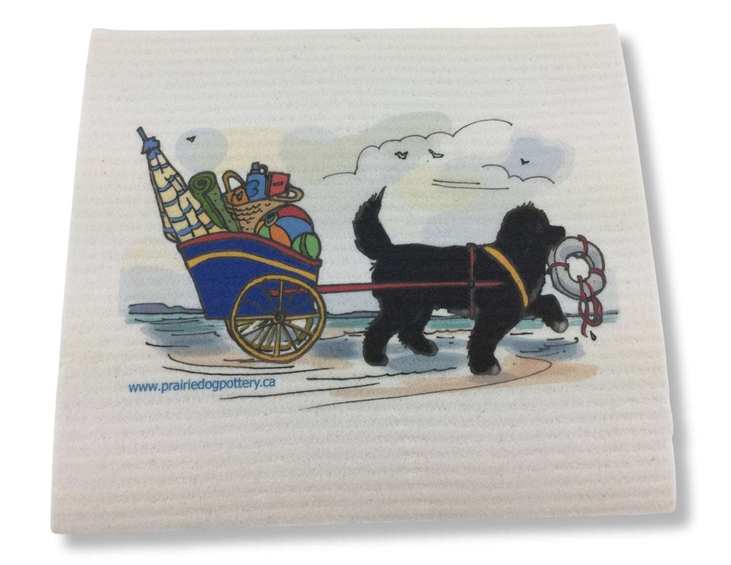 Black Newfoundland with Beach Cart Swedish Dish Cloth